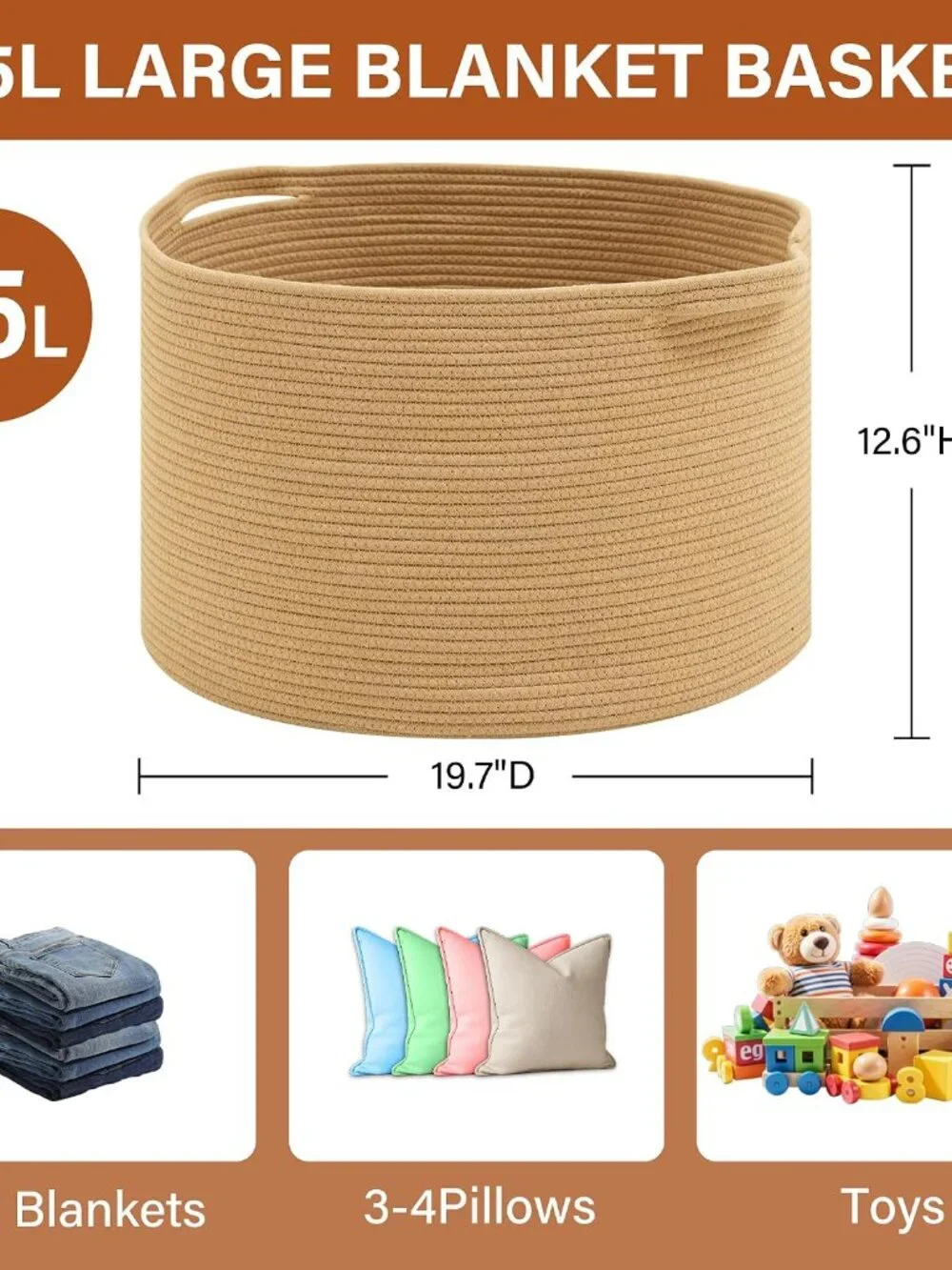 New Foldable Laundry Hamper Basket with Collapsible Handle Cotton Rope Soft Wov